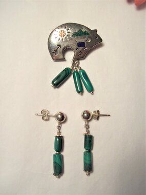 Set of Vintage Multi-stone Bear Pin & Malachite Earrings in Sterling Silver